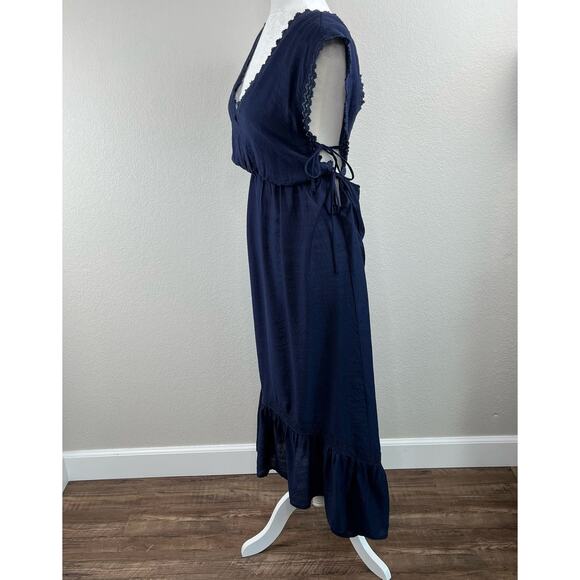 Lush Navy Blue Lace Trim Gauze V-Neck High-Low Sleeveless Midi Dress Large - Picture 9 of 14